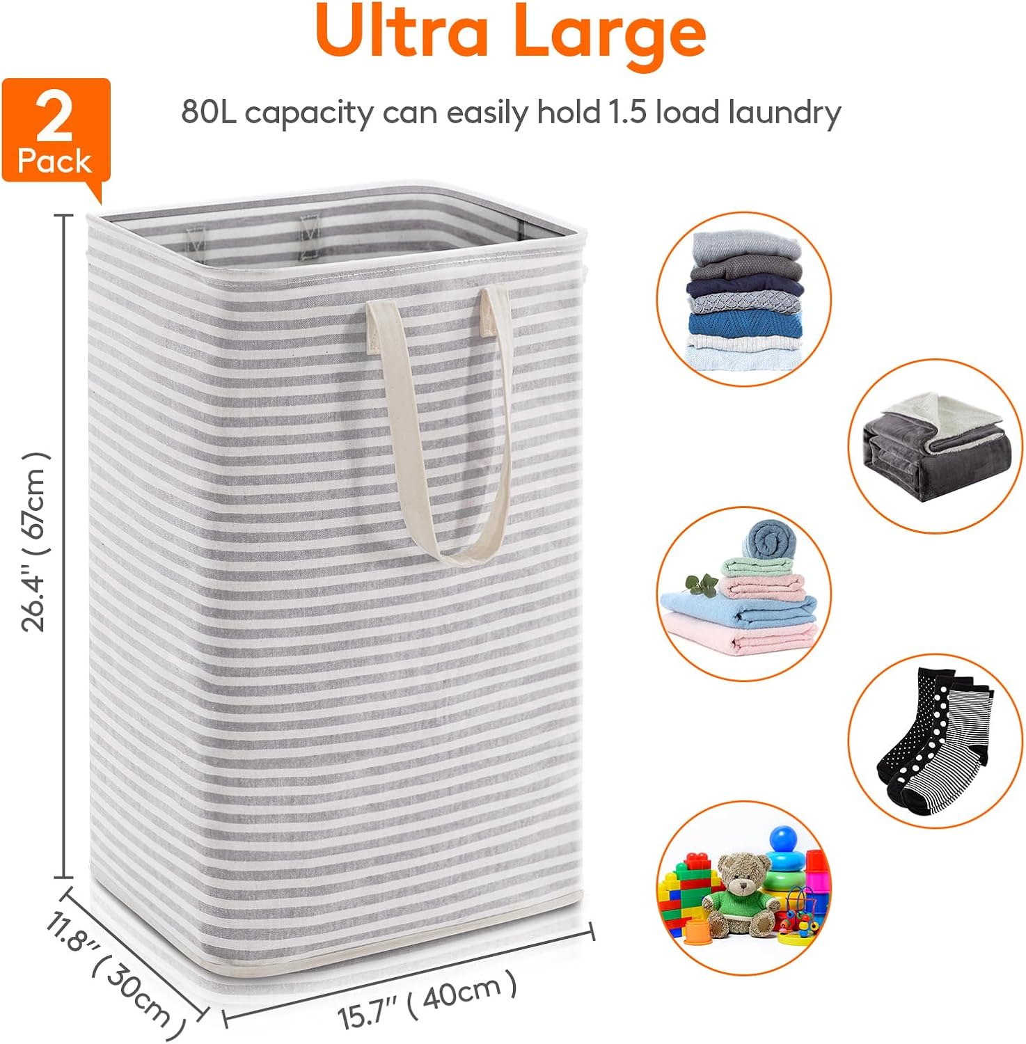 2 Pack Laundry Basket 80L Each, Collapsible Clothes Hamper with Reinforced Handles, Freestanding Waterproof Design